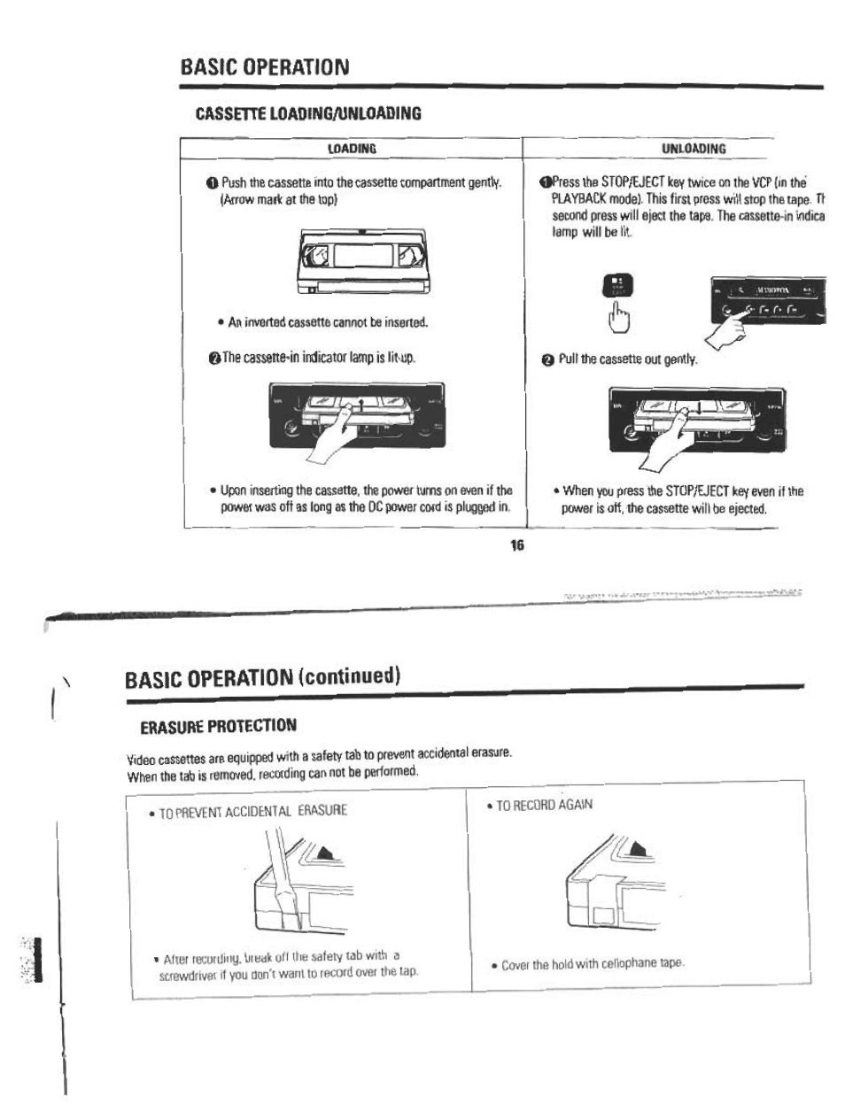 Basic operation, Cassette loading/unloading, Basic operation (continued) | Erasure protection | Audiovox AVP7180 User Manual | Page 12 / 18