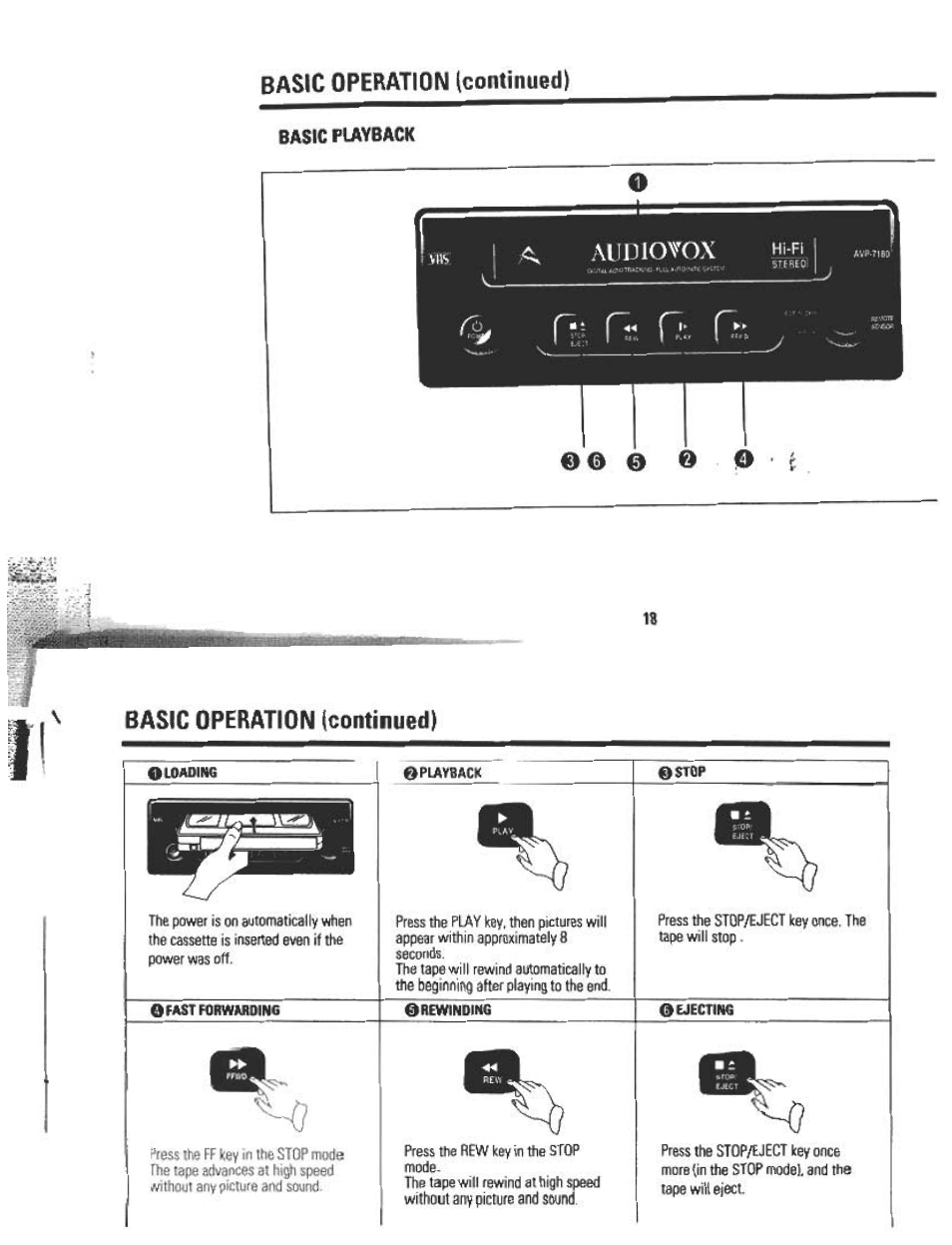 Basic operation (continued, Basic playback, Basic operation (continued) | Л11шоуох | Audiovox AVP7180 User Manual | Page 13 / 18