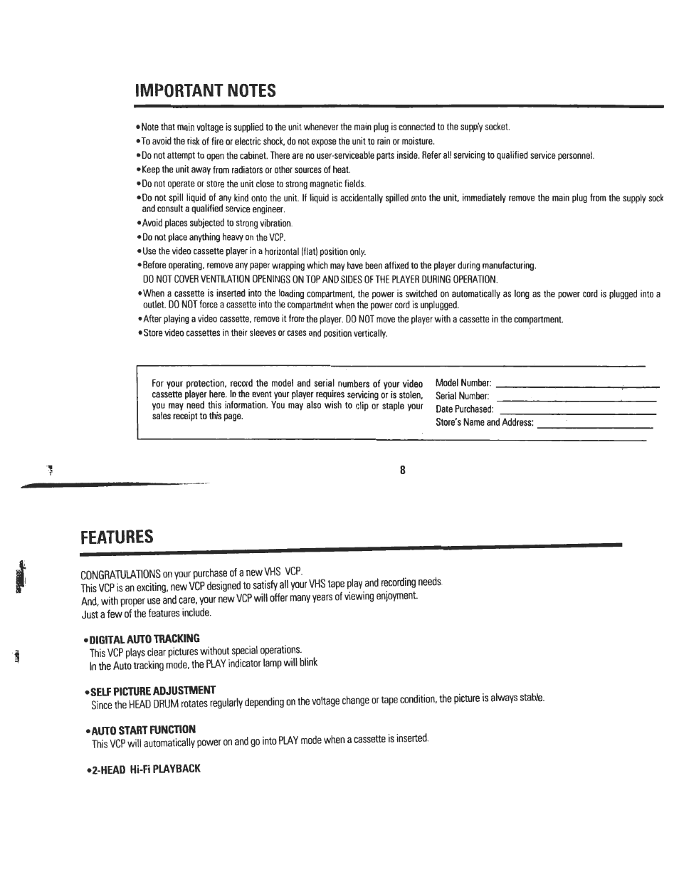 Important notes, Features, Congratulations on your purchase of a new vhs vcp | Just a few of the features include, Digital auto tracking, Self picture adjustment, Auto start function, Head hi-fi playback | Audiovox AVP7180 User Manual | Page 7 / 18