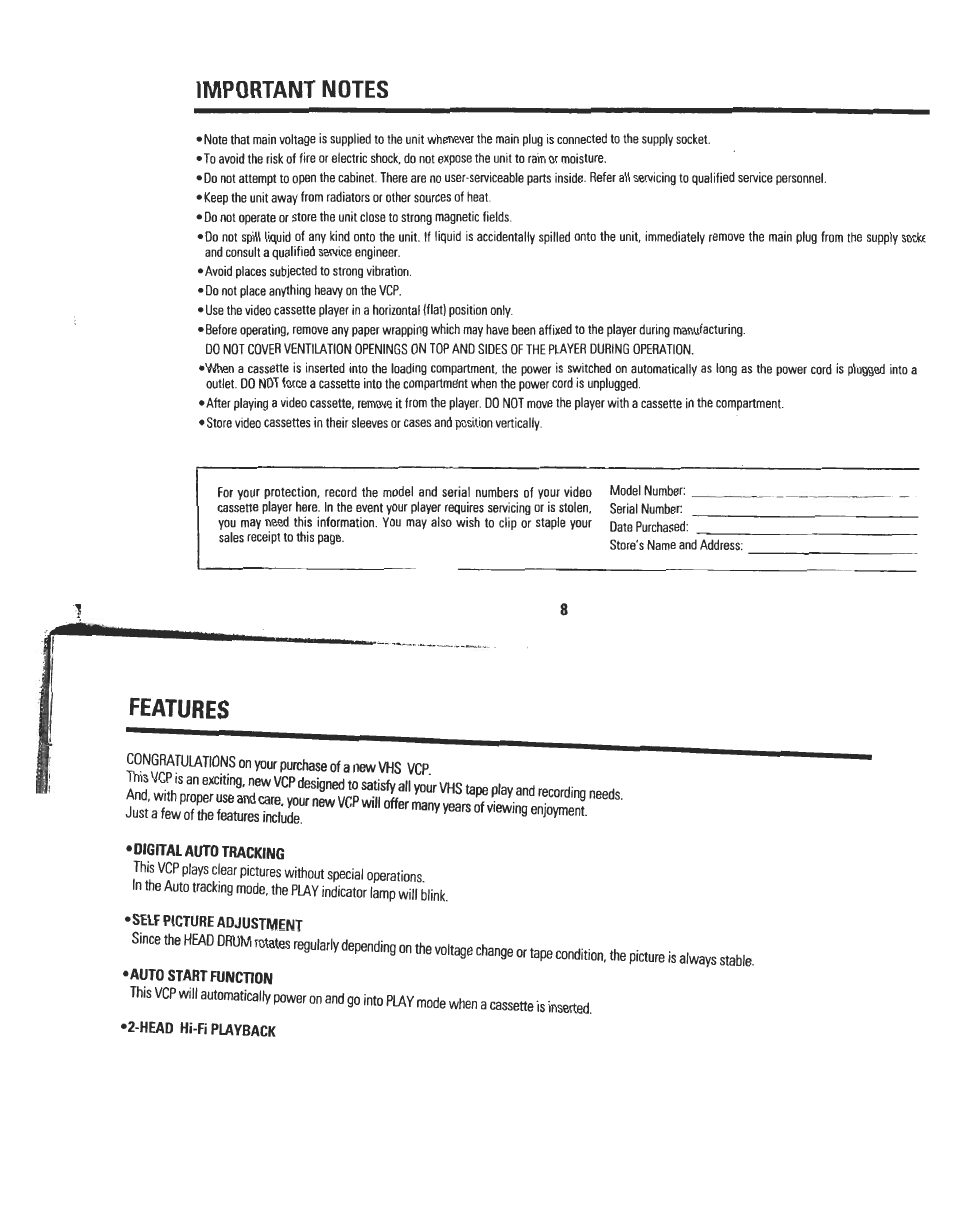 Important notes, Features, Digital auto tracking | Self picture adjustment, Auto start function, Head hi-fi playback | Audiovox AVP7180 User Manual | Page 8 / 18