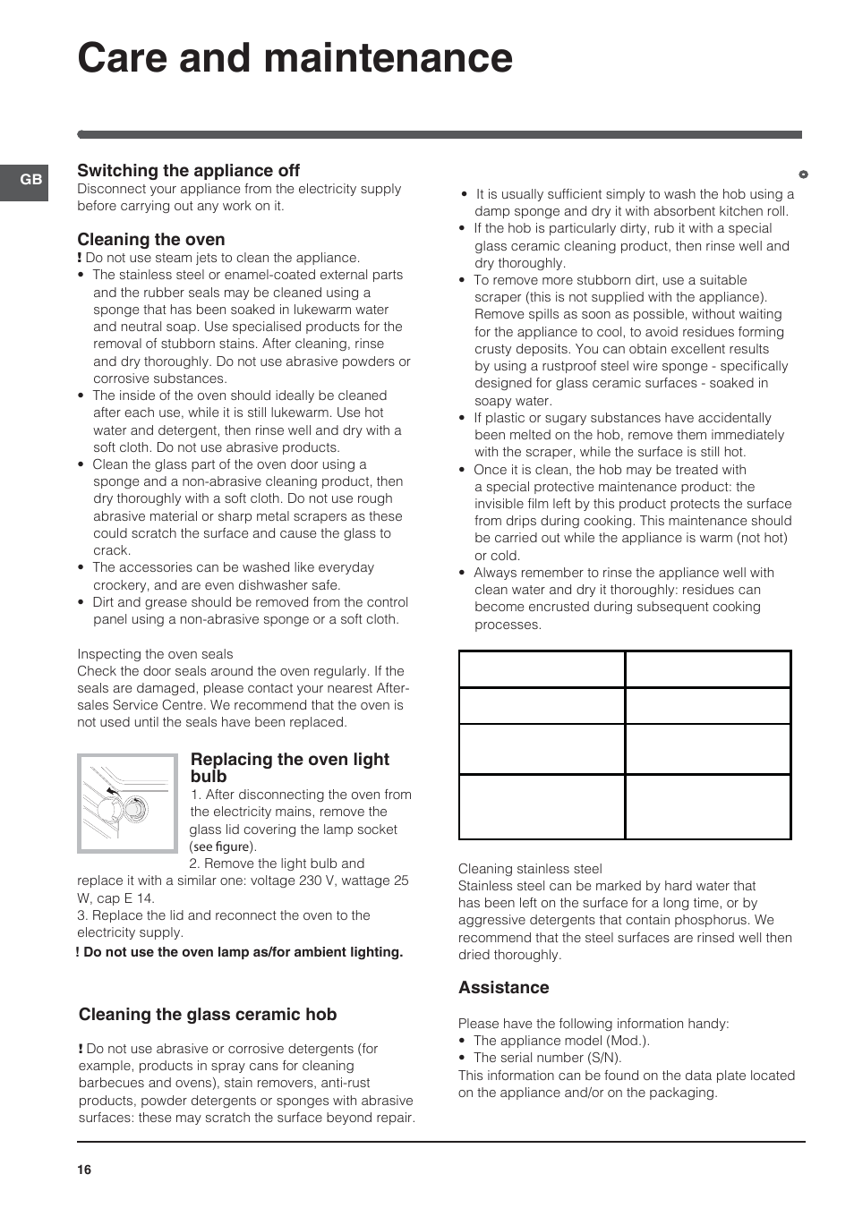 Care and maintenance, Switching the appliance off, Cleaning the oven | Replacing the oven light bulb, Cleaning the glass ceramic hob, Assistance | Indesit KN3C62A(W)-EU-S User Manual | Page 16 / 60