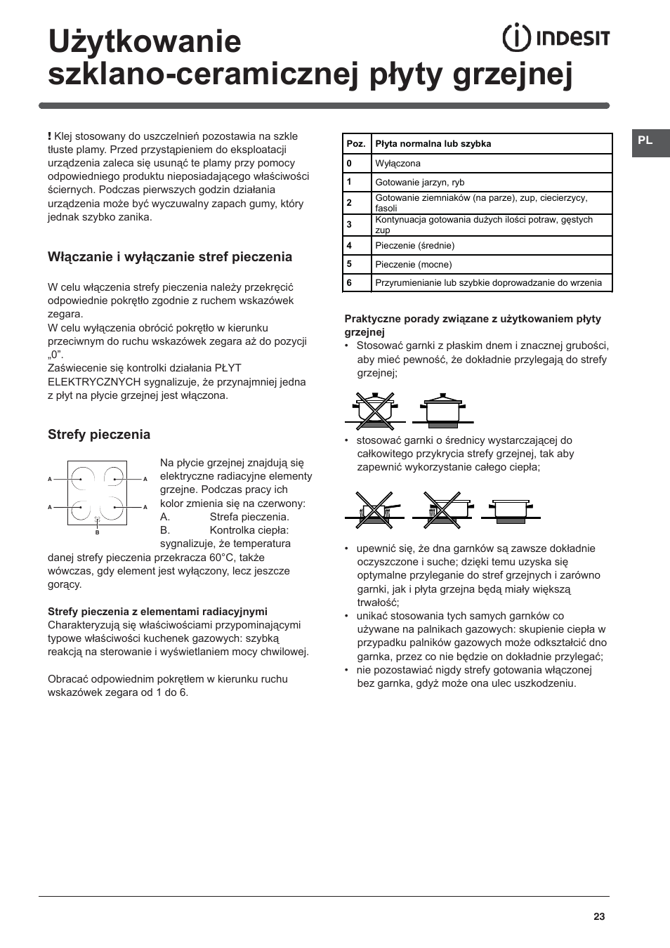 Użytkowanie szklano-ceramicznej płyty grzejnej, Włączanie i wyłączanie stref pieczenia, Strefy pieczenia | Indesit KN3C62A(W)-EU-S User Manual | Page 23 / 60
