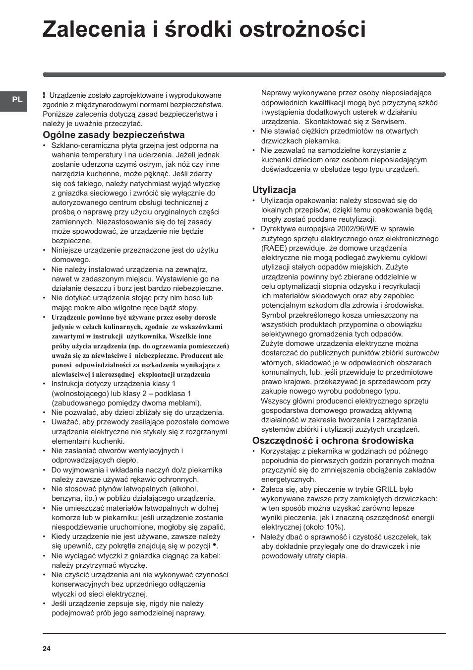 Zalecenia i środki ostrożności | Indesit KN3C62A(W)-EU-S User Manual | Page 24 / 60