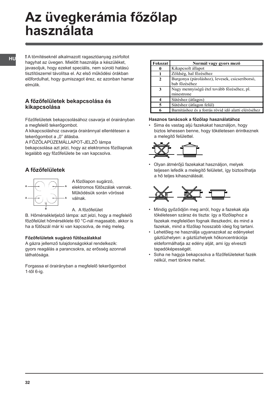 Az üvegkerámia főzőlap használata, A főzőfelületek bekapcsolása és kikapcsolása, A főzőfelületek | Indesit KN3C62A(W)-EU-S User Manual | Page 32 / 60