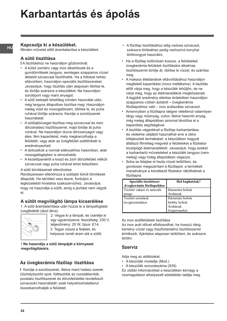 Karbantartás és ápolás | Indesit KN3C62A(W)-EU-S User Manual | Page 34 / 60