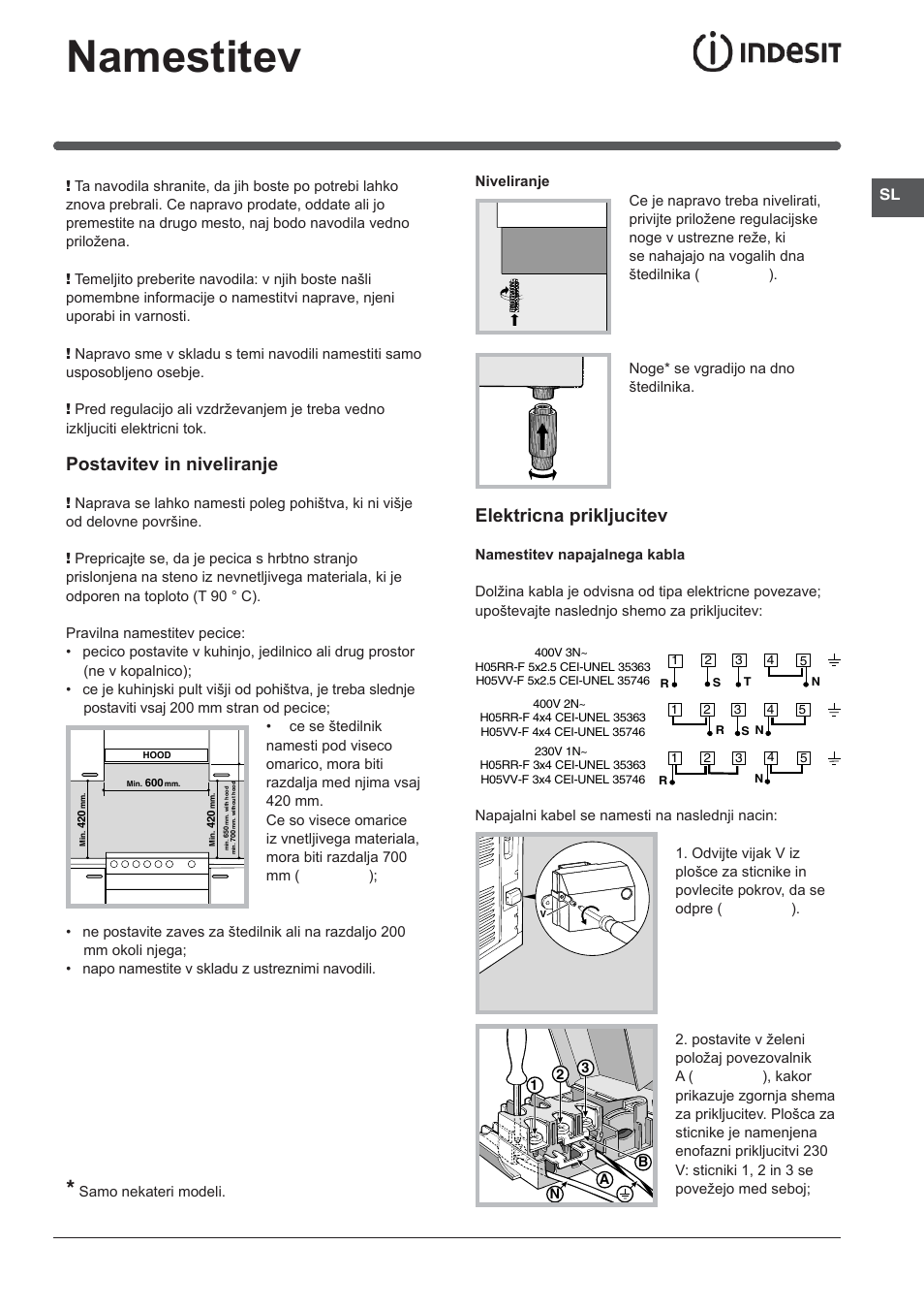 Namestitev, Postavitev in niveliranje, Elektricna prikljucitev | Indesit KN3C62A(W)-EU-S User Manual | Page 43 / 60