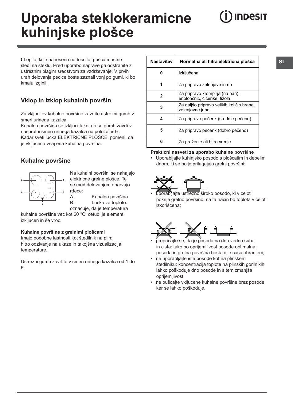 Uporaba steklokeramicne kuhinjske plošce | Indesit KN3C62A(W)-EU-S User Manual | Page 49 / 60