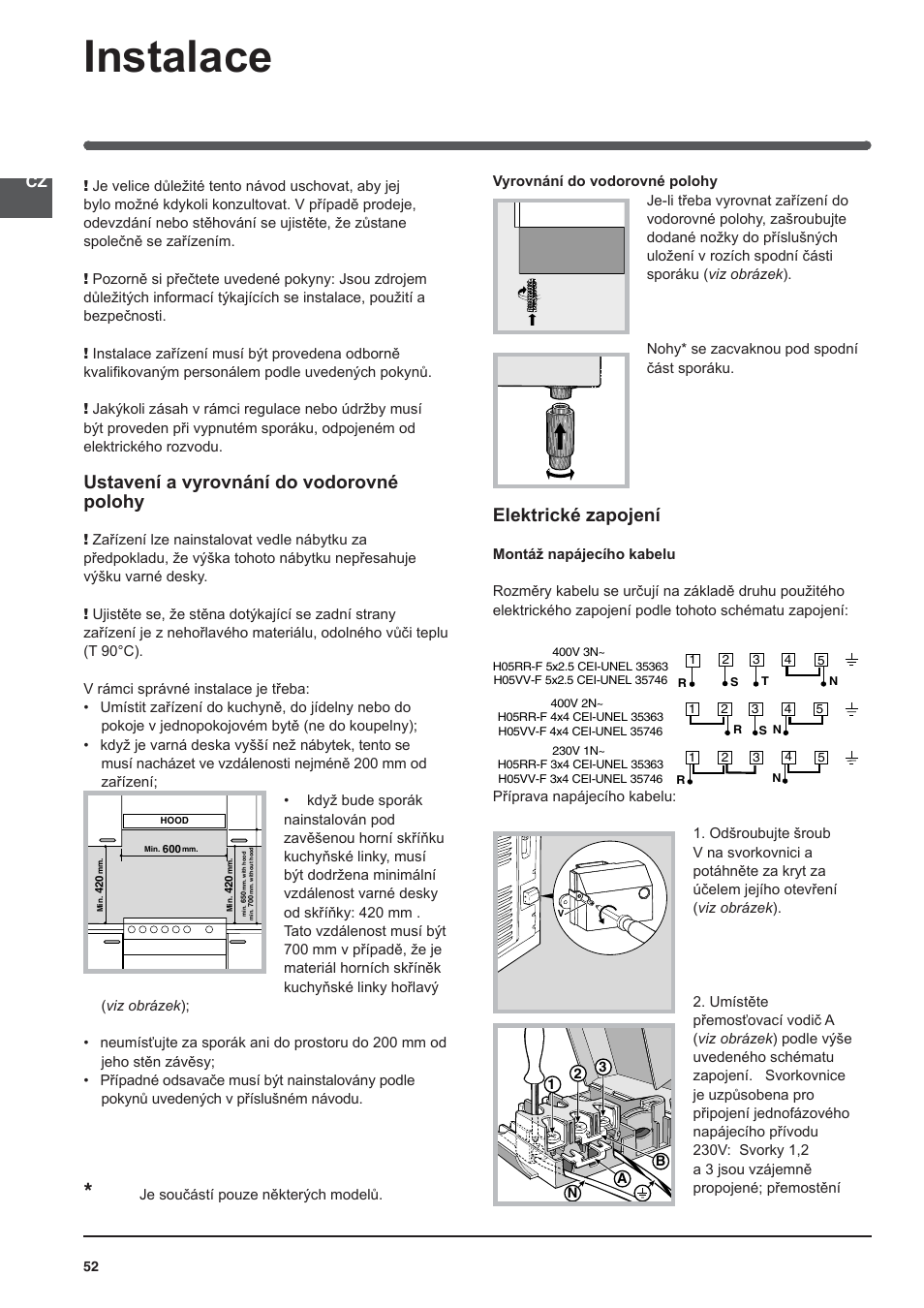 Instalace, Ustavení a vyrovnání do vodorovné polohy, Elektrické zapojení | Indesit KN3C62A(W)-EU-S User Manual | Page 52 / 60