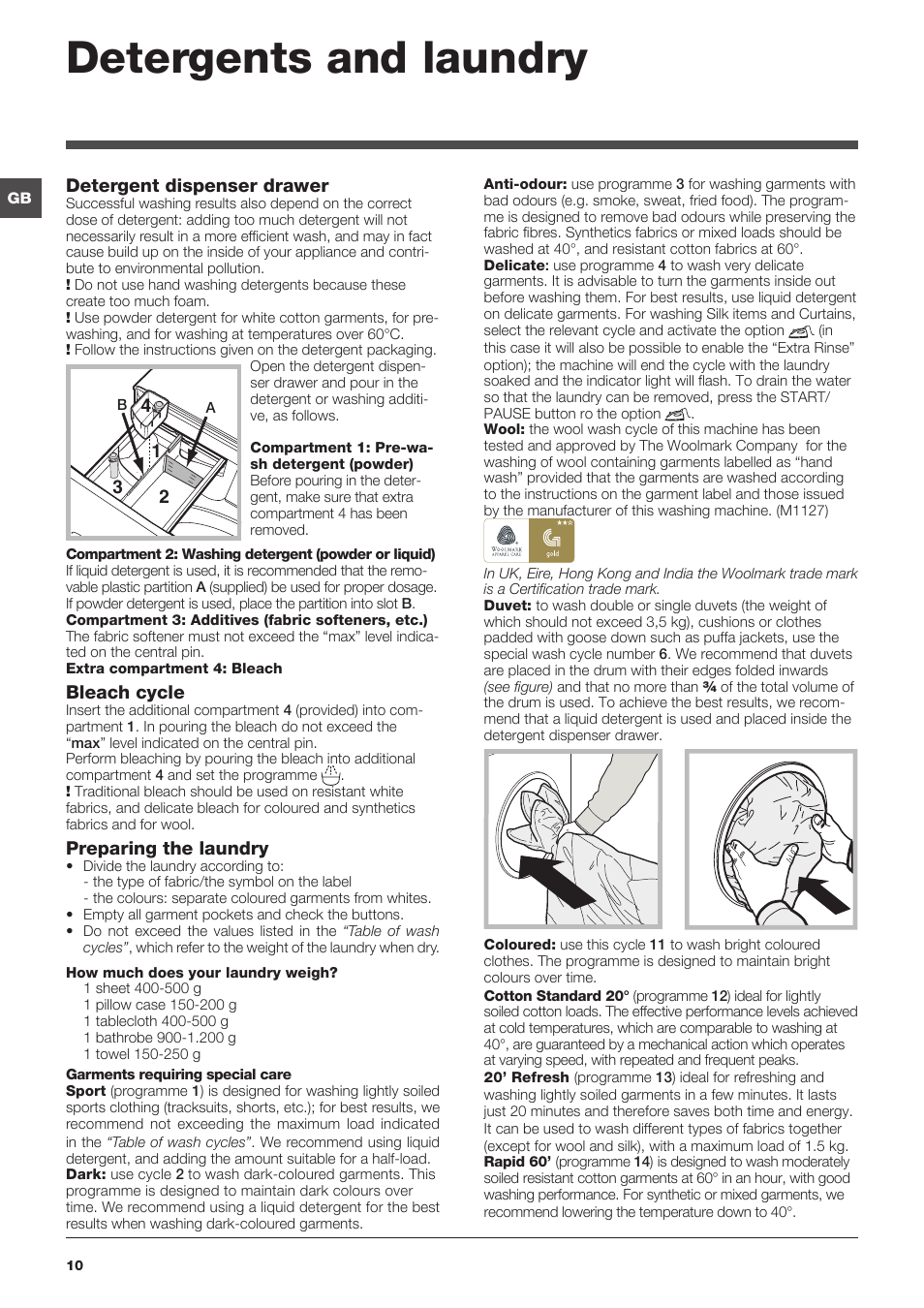 Detergents and laundry, Detergent dispenser drawer, Bleach cycle | Preparing the laundry | Indesit XWA-71283X-W-EU User Manual | Page 10 / 84