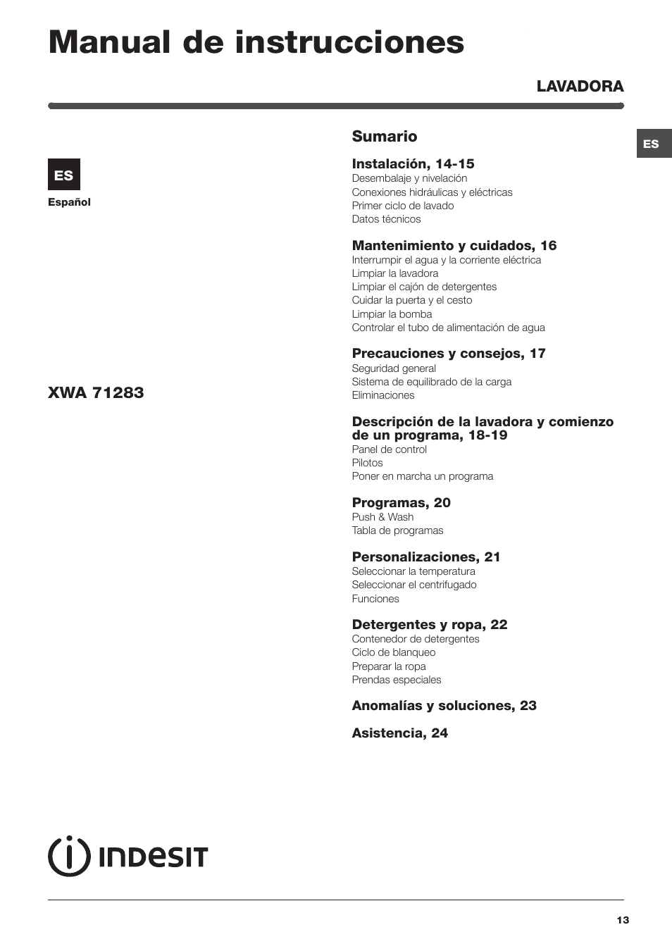 Manual de instrucciones | Indesit XWA-71283X-W-EU User Manual | Page 13 / 84