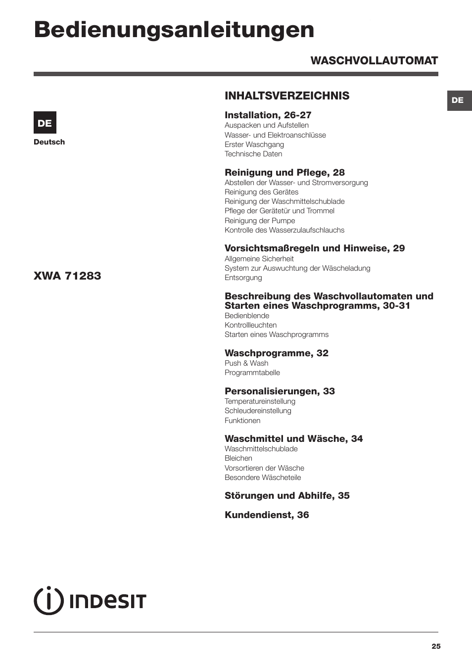 Bedienungsanleitungen | Indesit XWA-71283X-W-EU User Manual | Page 25 / 84