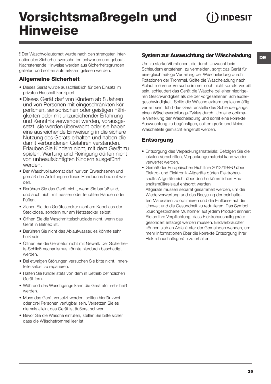 Vorsichtsmaßregeln und hinweise | Indesit XWA-71283X-W-EU User Manual | Page 29 / 84