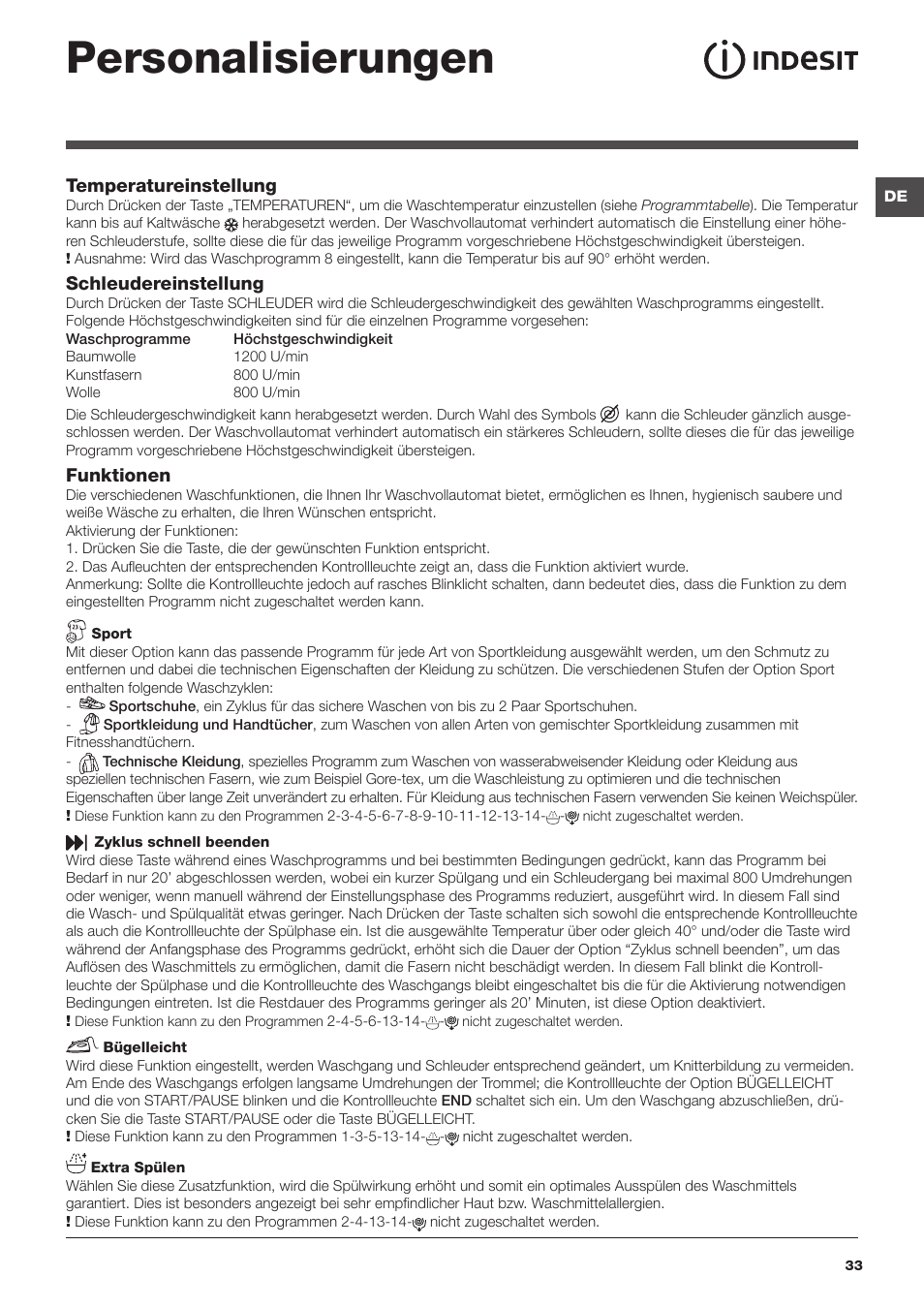 Personalisierungen | Indesit XWA-71283X-W-EU User Manual | Page 33 / 84