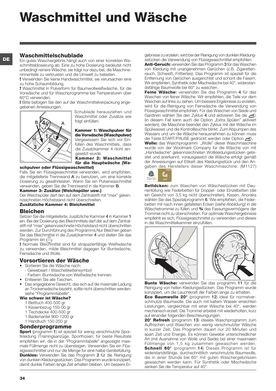 Waschmittel und wäsche, Waschmittelschublade, Bleichen | Vorsortieren der wäsche, Sonderprogramme | Indesit XWA-71283X-W-EU User Manual | Page 34 / 84