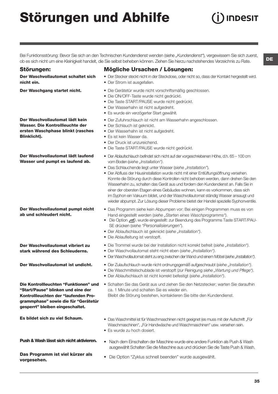 Störungen und abhilfe, Störungen, Mögliche ursachen / lösungen | Indesit XWA-71283X-W-EU User Manual | Page 35 / 84