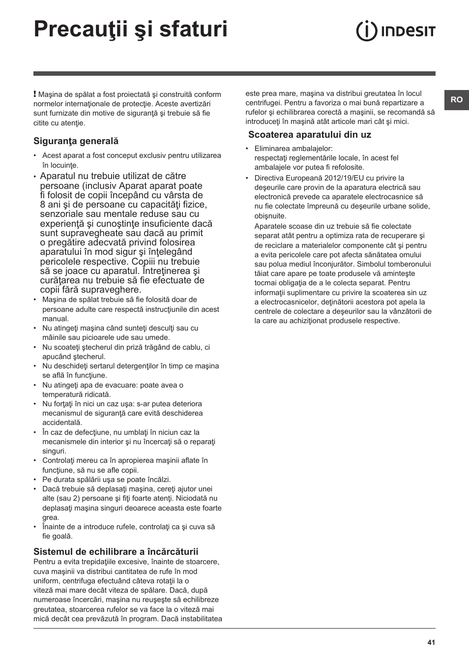 Precauţii şi sfaturi | Indesit XWA-71283X-W-EU User Manual | Page 41 / 84