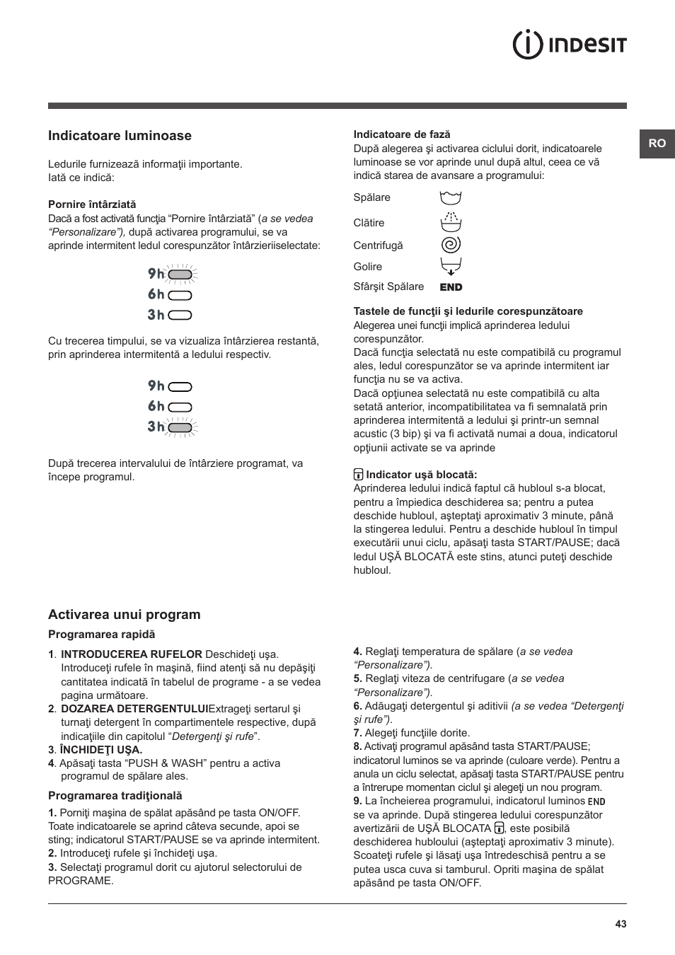 Indicatoare luminoase, Activarea unui program | Indesit XWA-71283X-W-EU User Manual | Page 43 / 84