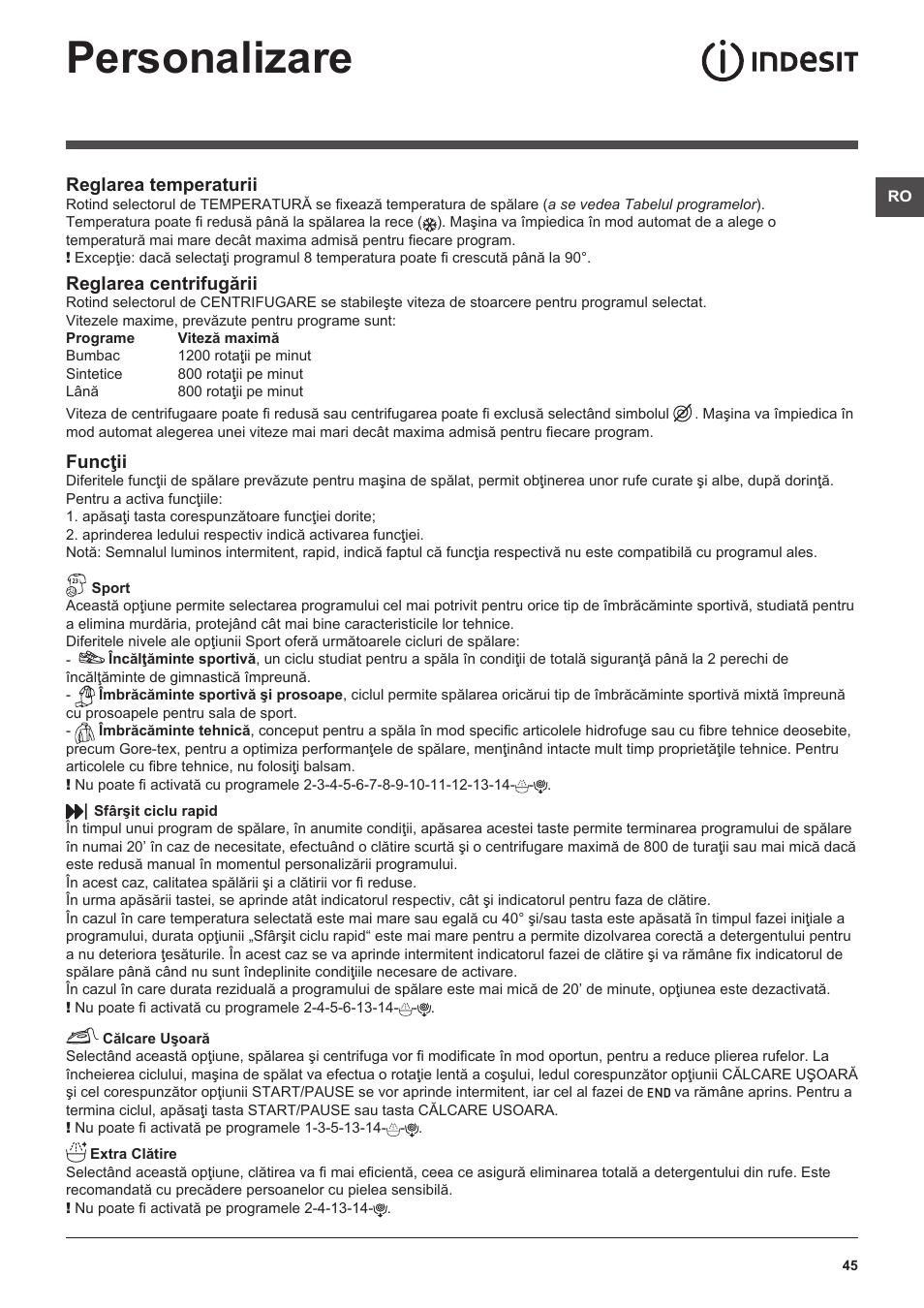 Personalizare | Indesit XWA-71283X-W-EU User Manual | Page 45 / 84