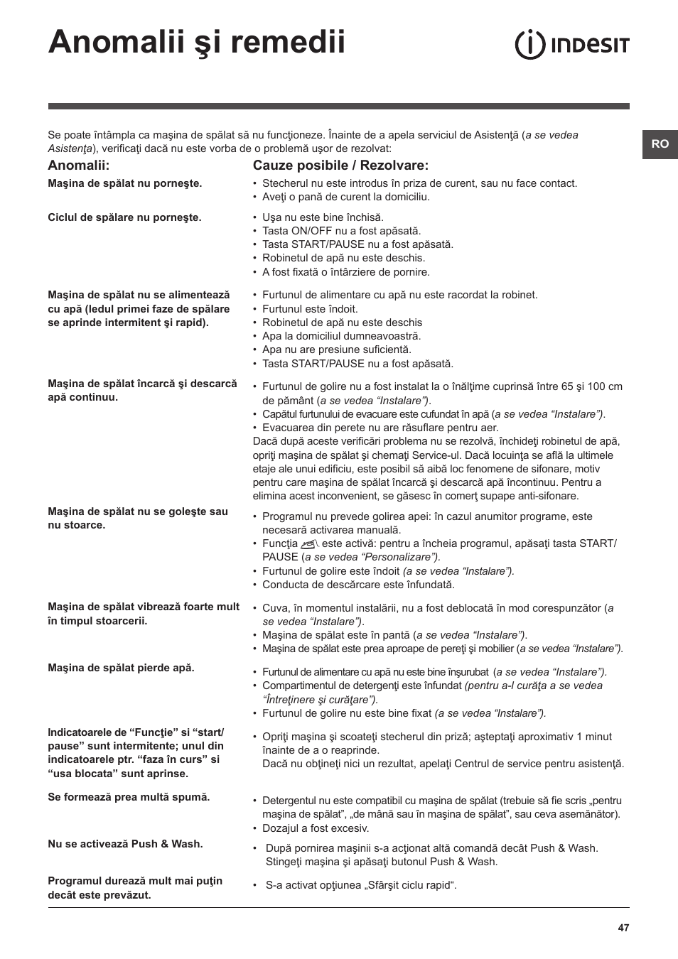 Anomalii şi remedii, Anomalii, Cauze posibile / rezolvare | Indesit XWA-71283X-W-EU User Manual | Page 47 / 84