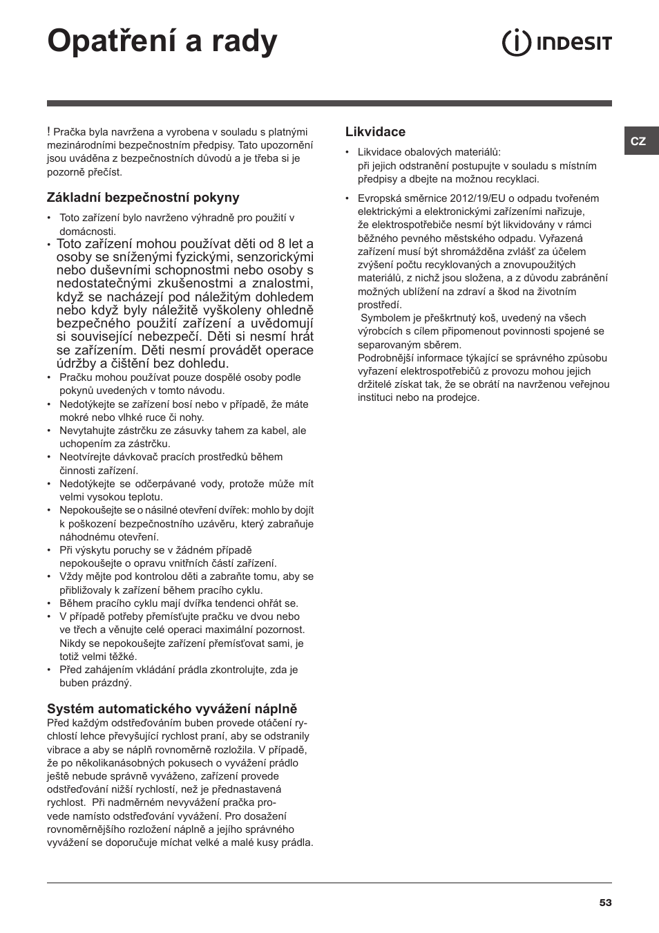 Opatření a rady | Indesit XWA-71283X-W-EU User Manual | Page 53 / 84