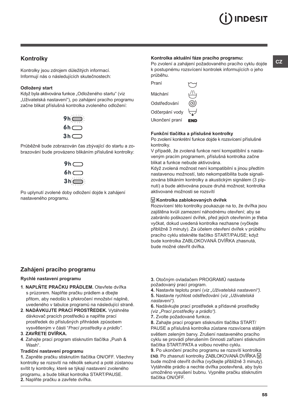 Kontrolky, Zahájení pracího programu | Indesit XWA-71283X-W-EU User Manual | Page 55 / 84