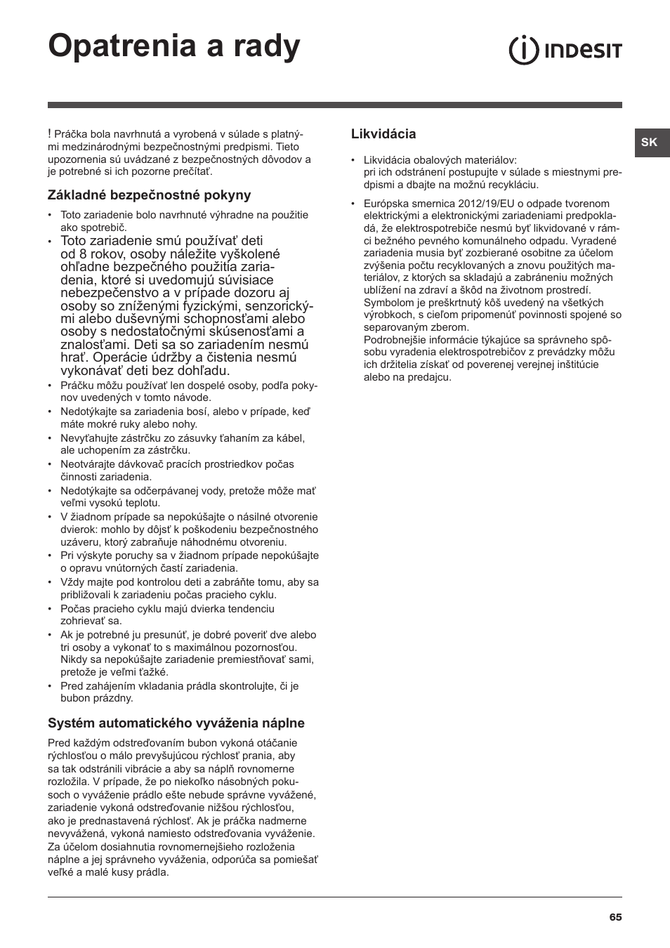 Opatrenia a rady | Indesit XWA-71283X-W-EU User Manual | Page 65 / 84
