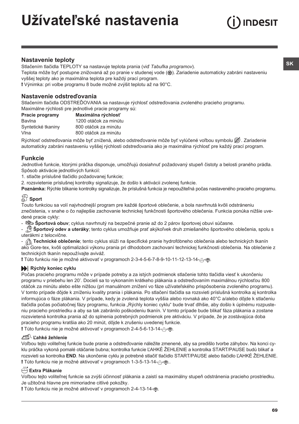 Užívateľské nastavenia | Indesit XWA-71283X-W-EU User Manual | Page 69 / 84