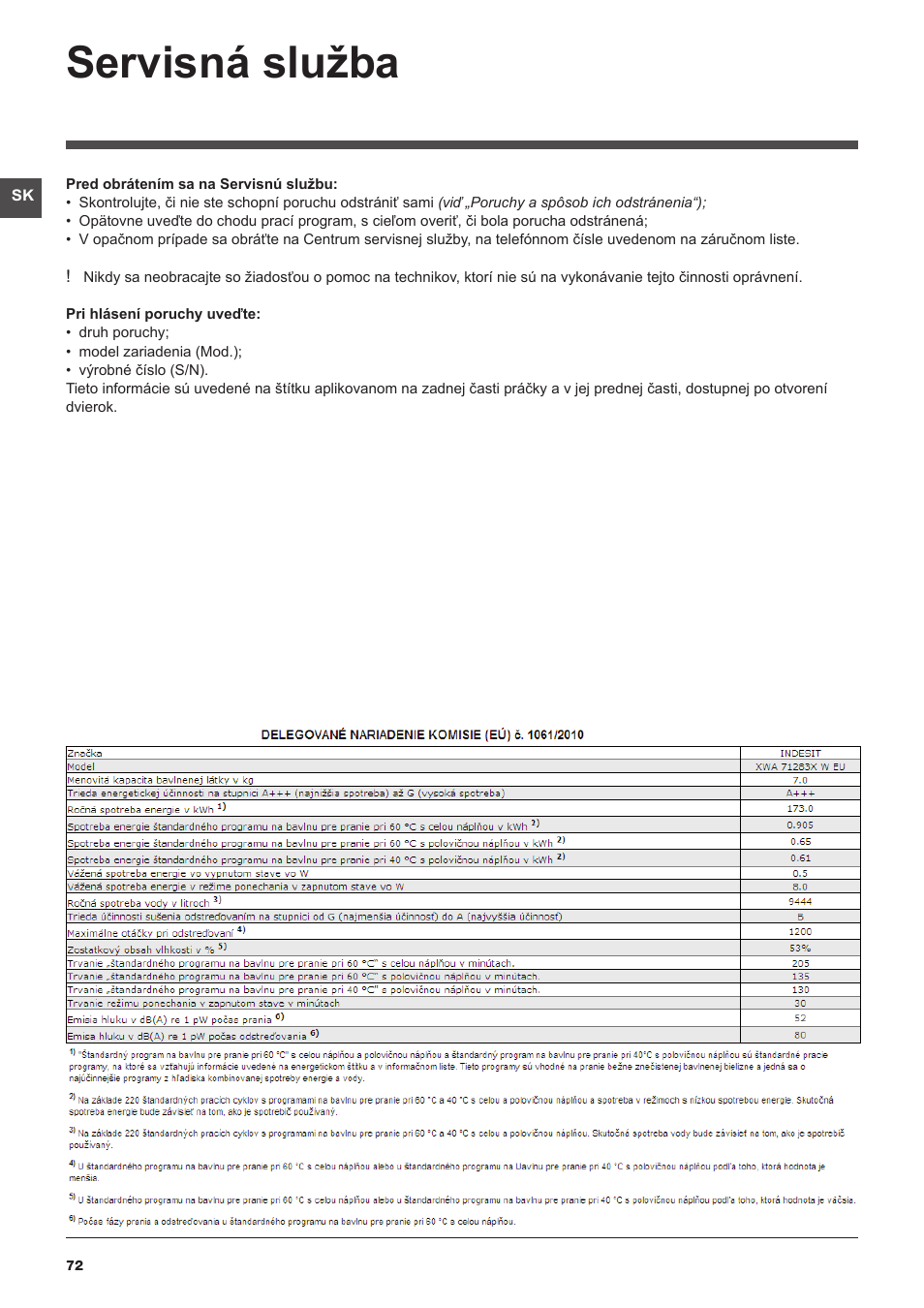 Servisná služba | Indesit XWA-71283X-W-EU User Manual | Page 72 / 84