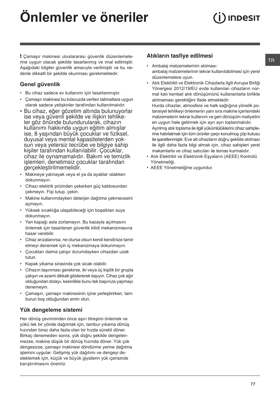 Önlemler v, E öneriler | Indesit XWA-71283X-W-EU User Manual | Page 77 / 84