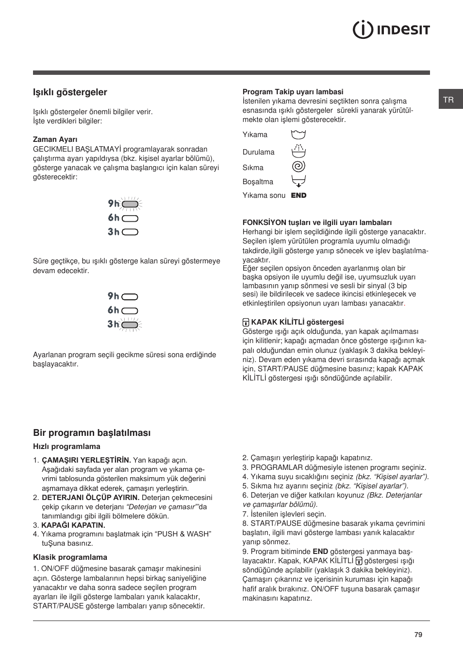 Iþýklý göstergeler, Bir programýn baþlatýlmasý | Indesit XWA-71283X-W-EU User Manual | Page 79 / 84