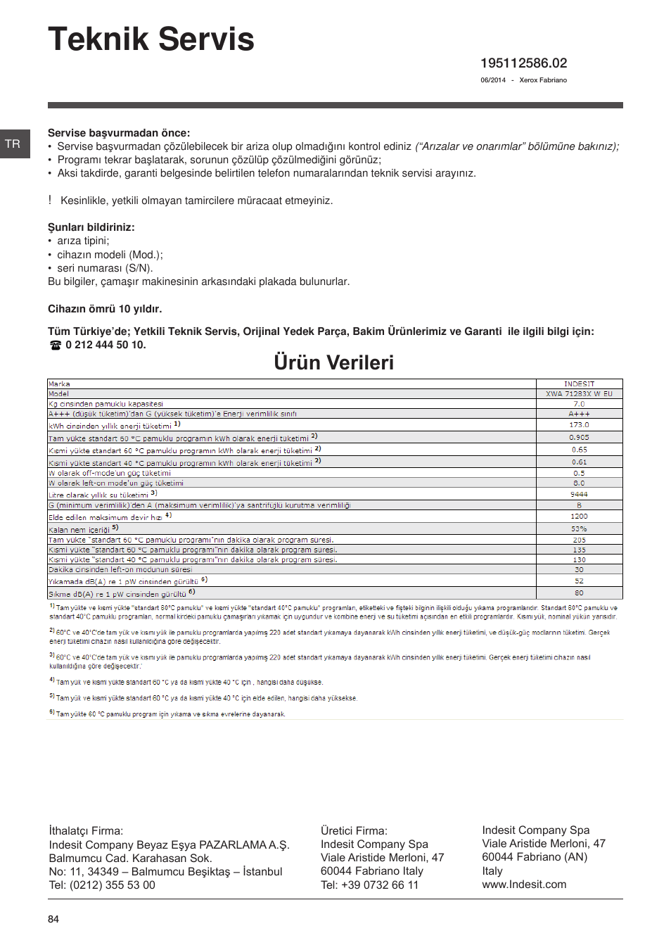 Teknik servis, Ürün verileri | Indesit XWA-71283X-W-EU User Manual | Page 84 / 84