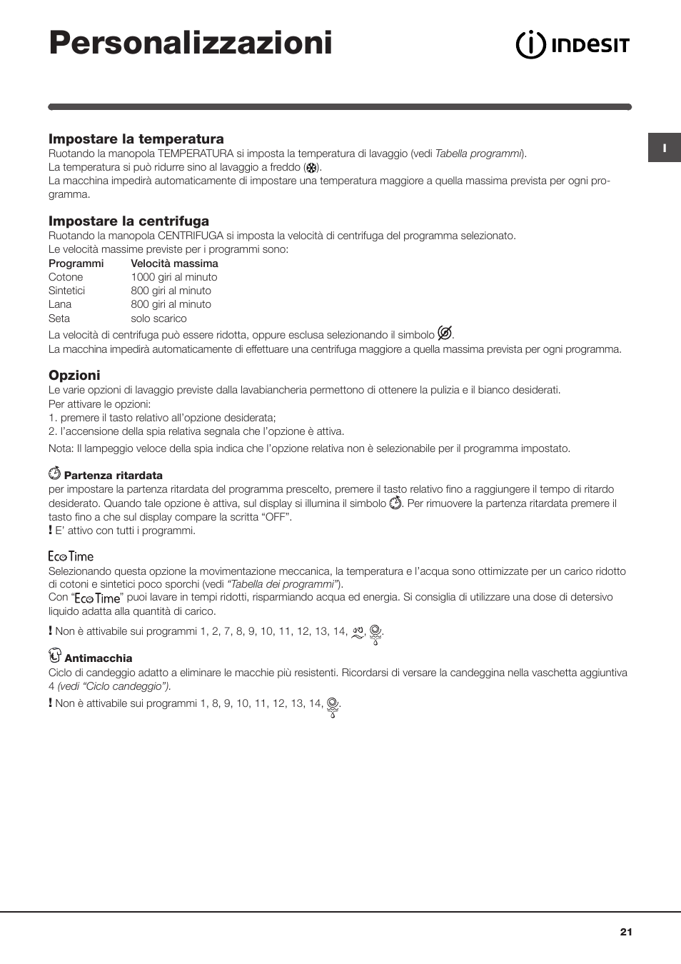 Personalizzazioni | Indesit IWUD-4105-(EU) User Manual | Page 21 / 60