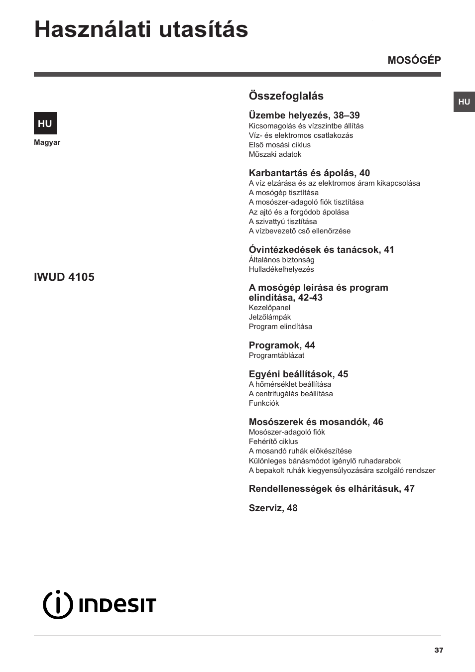 Használati utasítás, Összefoglalás, Iwud 4105 | Indesit IWUD-4105-(EU) User Manual | Page 37 / 60