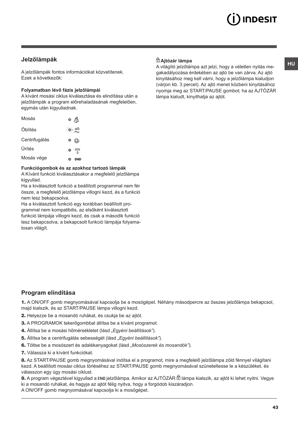Jelzőlámpák, Program elindítása | Indesit IWUD-4105-(EU) User Manual | Page 43 / 60