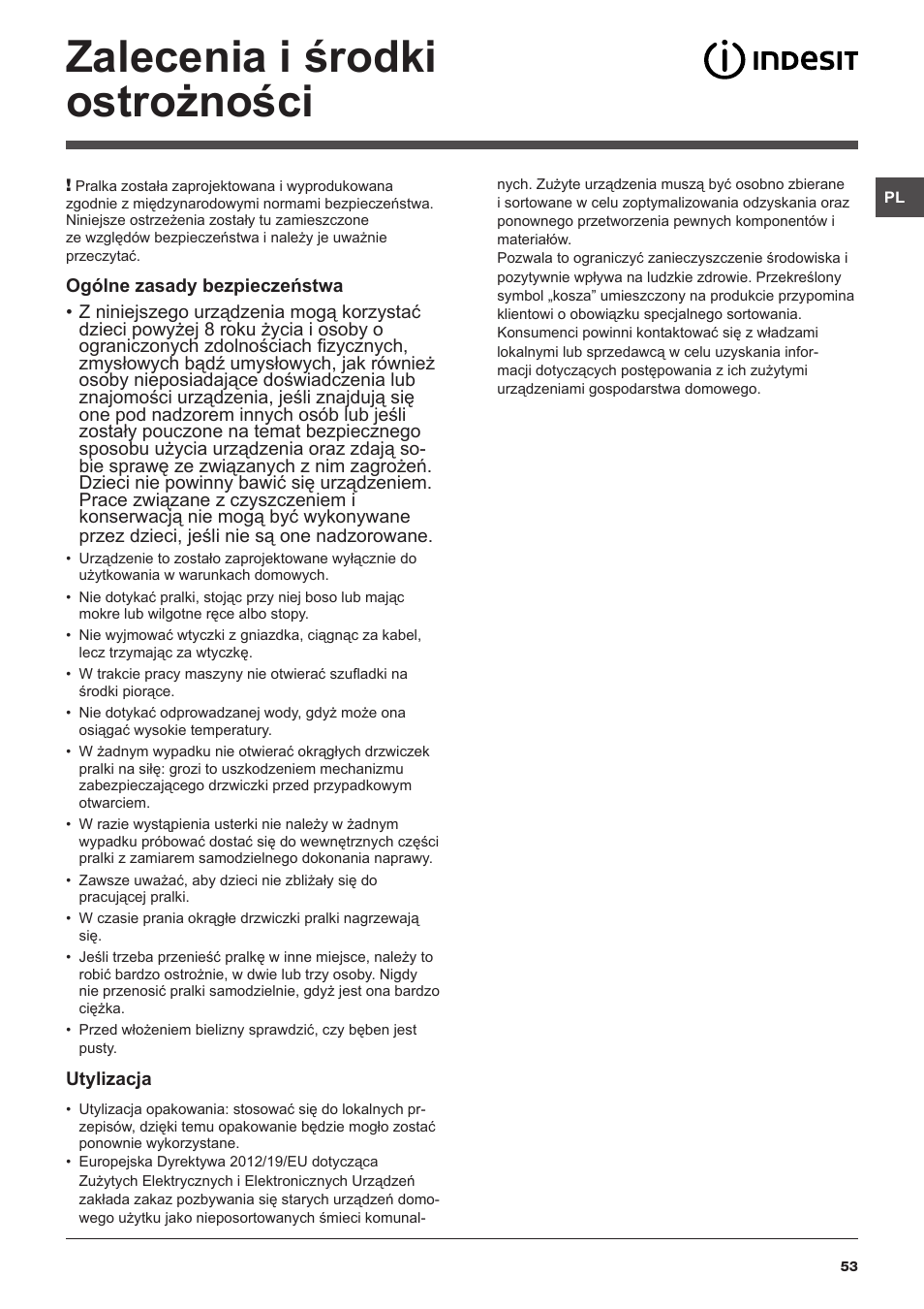 Zalecenia i środki ostrożności | Indesit IWUD-4105-(EU) User Manual | Page 53 / 60