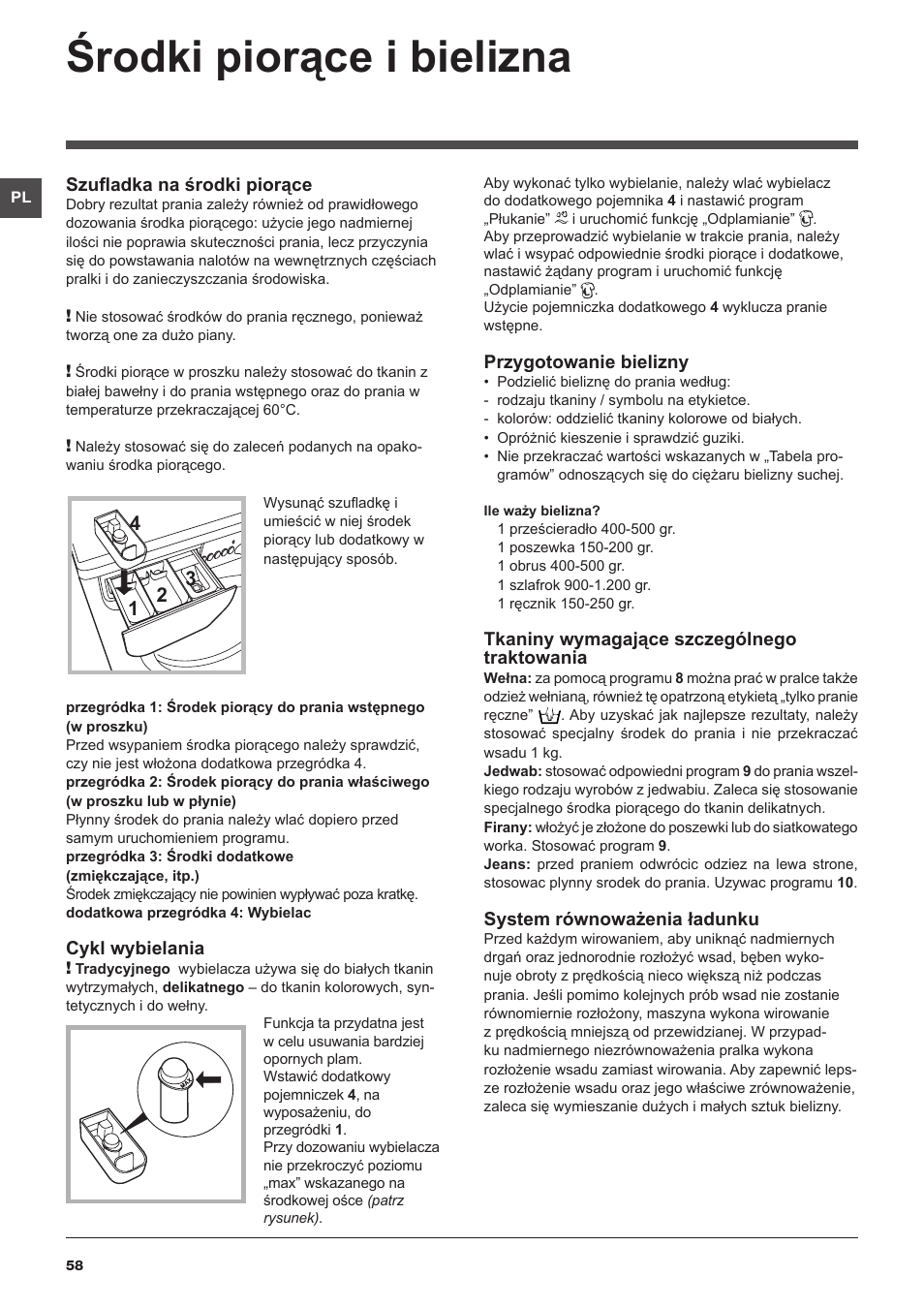 Środki piorące i bielizna | Indesit IWUD-4105-(EU) User Manual | Page 58 / 60