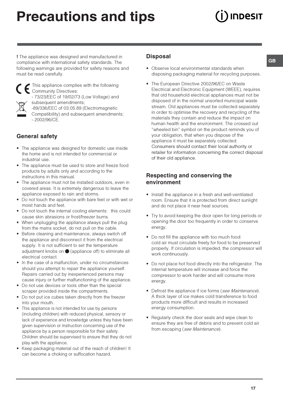 Precautions and tips, General safety, Disposal | Respecting and conserving the environment | Indesit PBAA-13-V-X User Manual | Page 17 / 72