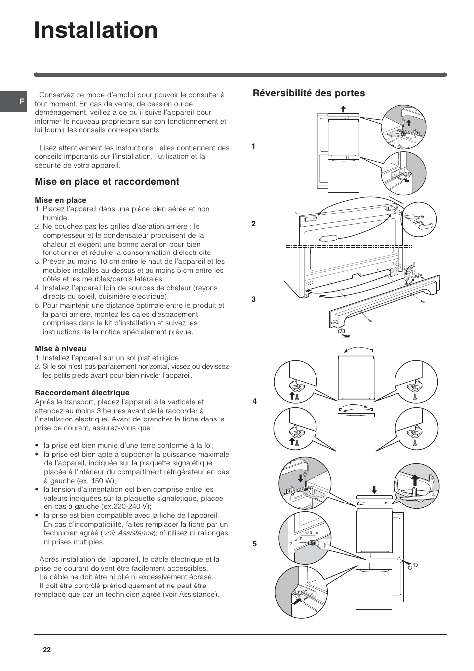 Installation, Réversibilité des portes, Mise en place et raccordement | Indesit PBAA-13-V-X User Manual | Page 22 / 72