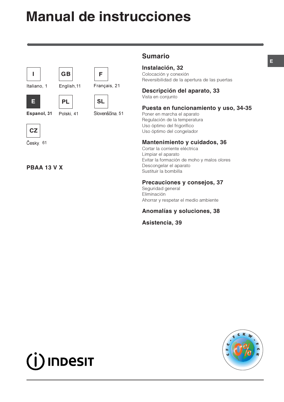 Manual de instrucciones, Combinado refrigerador/congelador sumario | Indesit PBAA-13-V-X User Manual | Page 31 / 72