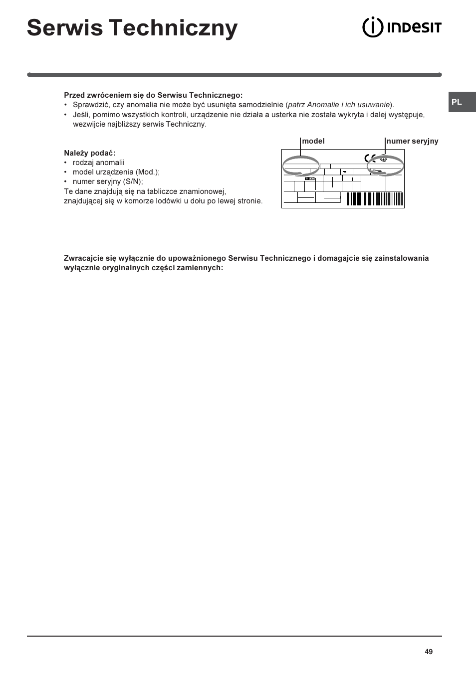 Serwis techniczny, Model numer seryjny | Indesit PBAA-13-V-X User Manual | Page 49 / 72