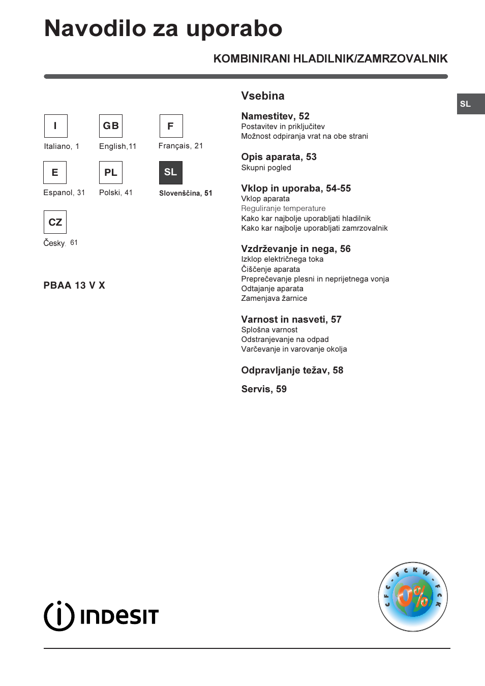 Navodilo za uporabo, Kombinirani hladilnik/zamrzovalnik, Vsebina | Indesit PBAA-13-V-X User Manual | Page 51 / 72