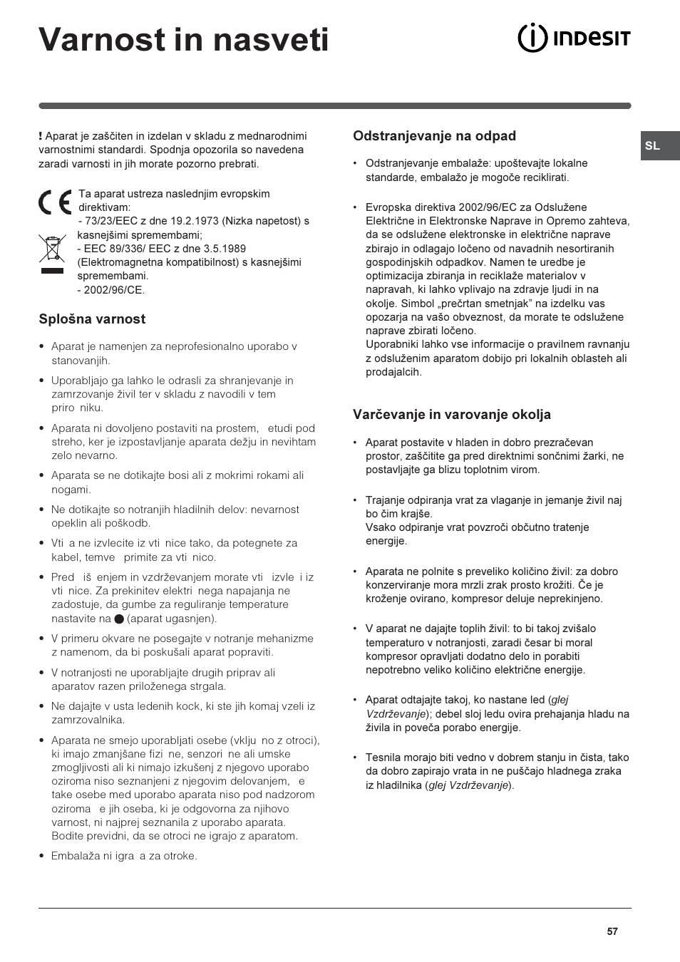 Varnost in nasveti, Splona varnost, Odstranjevanje na odpad | Varèevanje in varovanje okolja | Indesit PBAA-13-V-X User Manual | Page 57 / 72