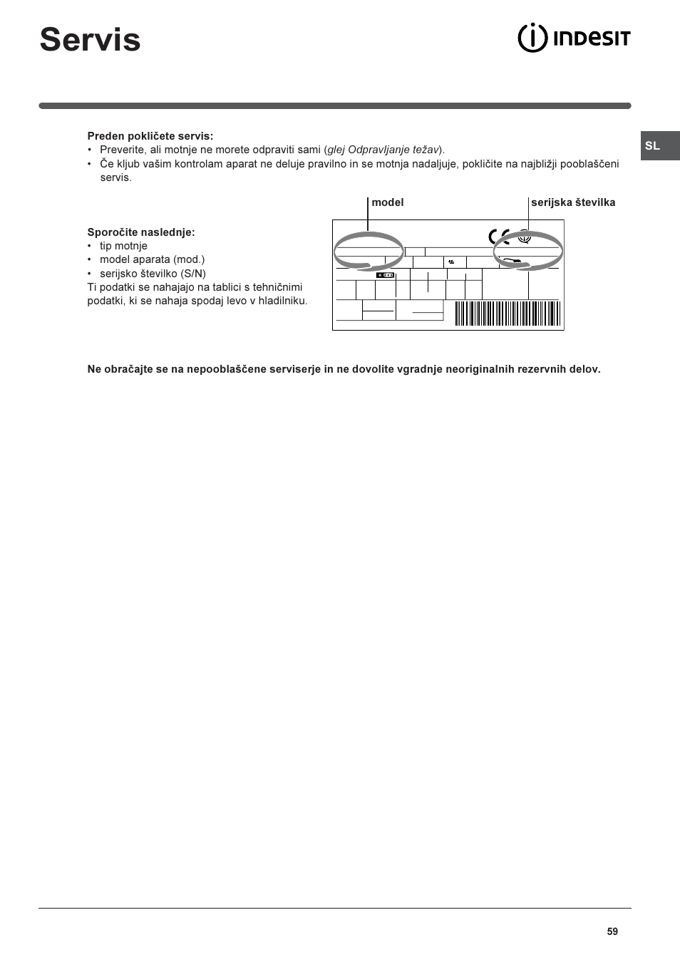 Servis, Model serijska tevilka | Indesit PBAA-13-V-X User Manual | Page 59 / 72