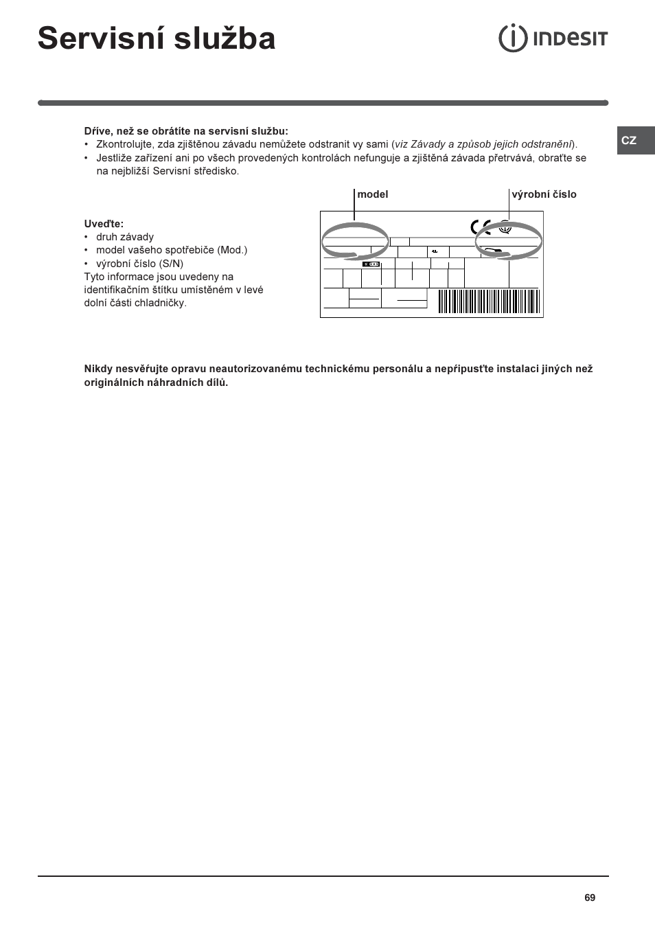 Servisní sluba, Model výrobní èíslo | Indesit PBAA-13-V-X User Manual | Page 69 / 72