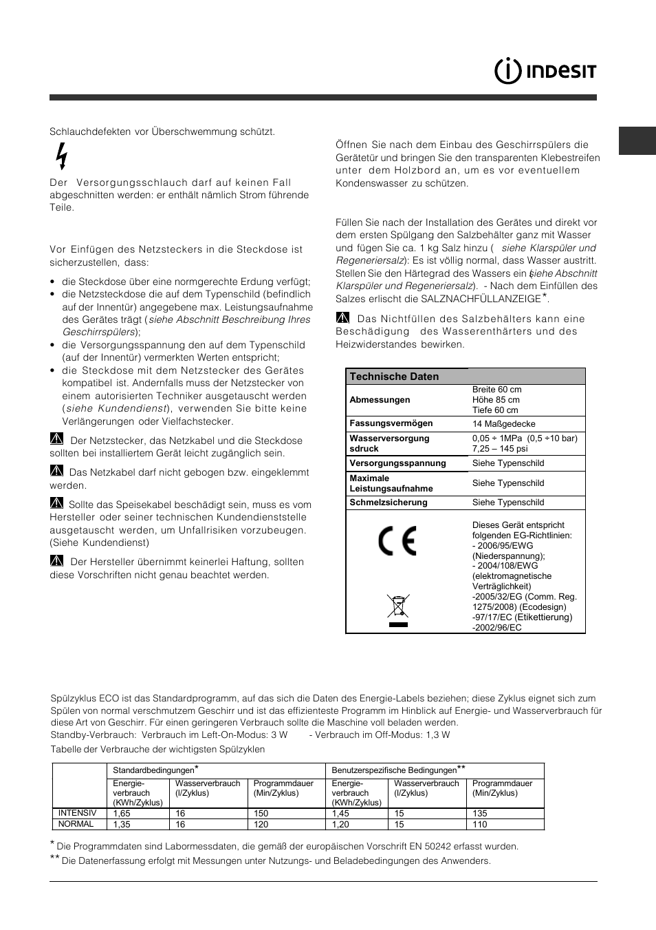 Hinweise zur ersten inbetriebnahme | Indesit DFP-5731M-EU User Manual | Page 15 / 84