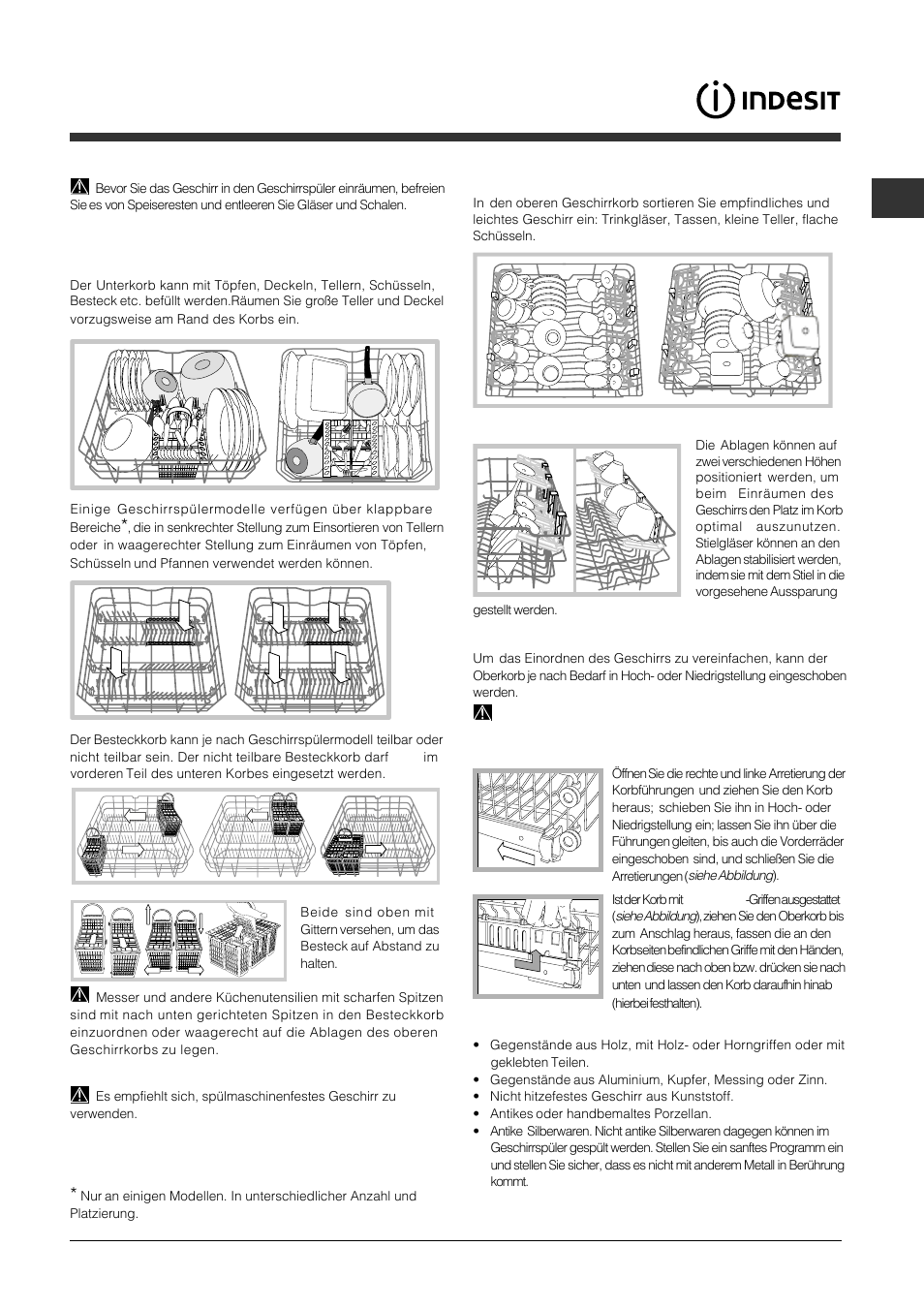 Beschickung der körbe, Unterer korb und besteckkorb, Oberer korb | Indesit DFP-5731M-EU User Manual | Page 17 / 84