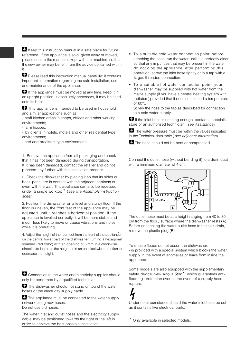 Installation, Positioning and levelling, Connecting the water and electricity supplies | Indesit DFP-5731M-EU User Manual | Page 2 / 84