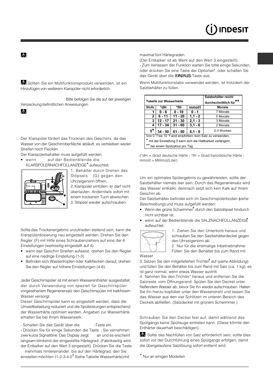 Klarspüler und regeneriersalz, Einfüllen des klarspülers, Einfüllen des regeneriersalzes | Indesit DFP-5731M-EU User Manual | Page 21 / 84