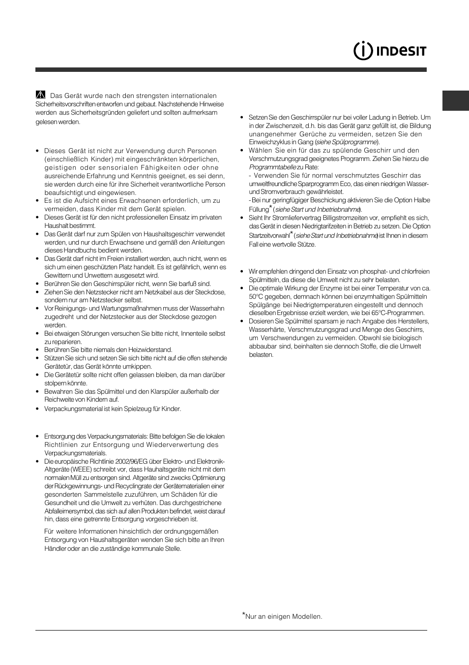 Vorsichtsmaßregeln und hinweise, Allgemeine sicherheit, Entsorgung | Energie sparen und umwelt schonen | Indesit DFP-5731M-EU User Manual | Page 23 / 84