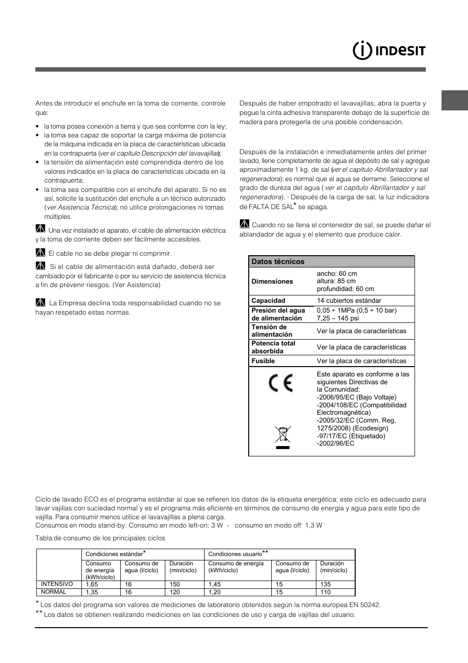 Advertencias para el primer lavado | Indesit DFP-5731M-EU User Manual | Page 27 / 84